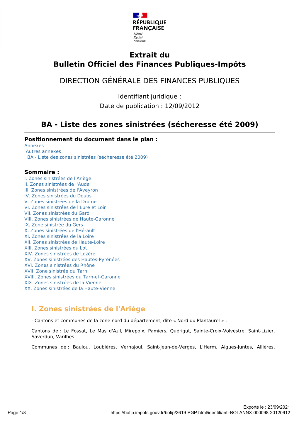 Liste Des Zones Sinistrées (Sécheresse Été 2009)