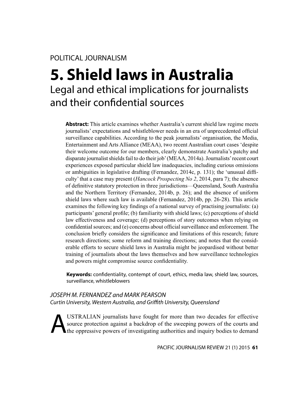 5. Shield Laws in Australia Legal and Ethical Implications for Journalists and Their Confidential Sources