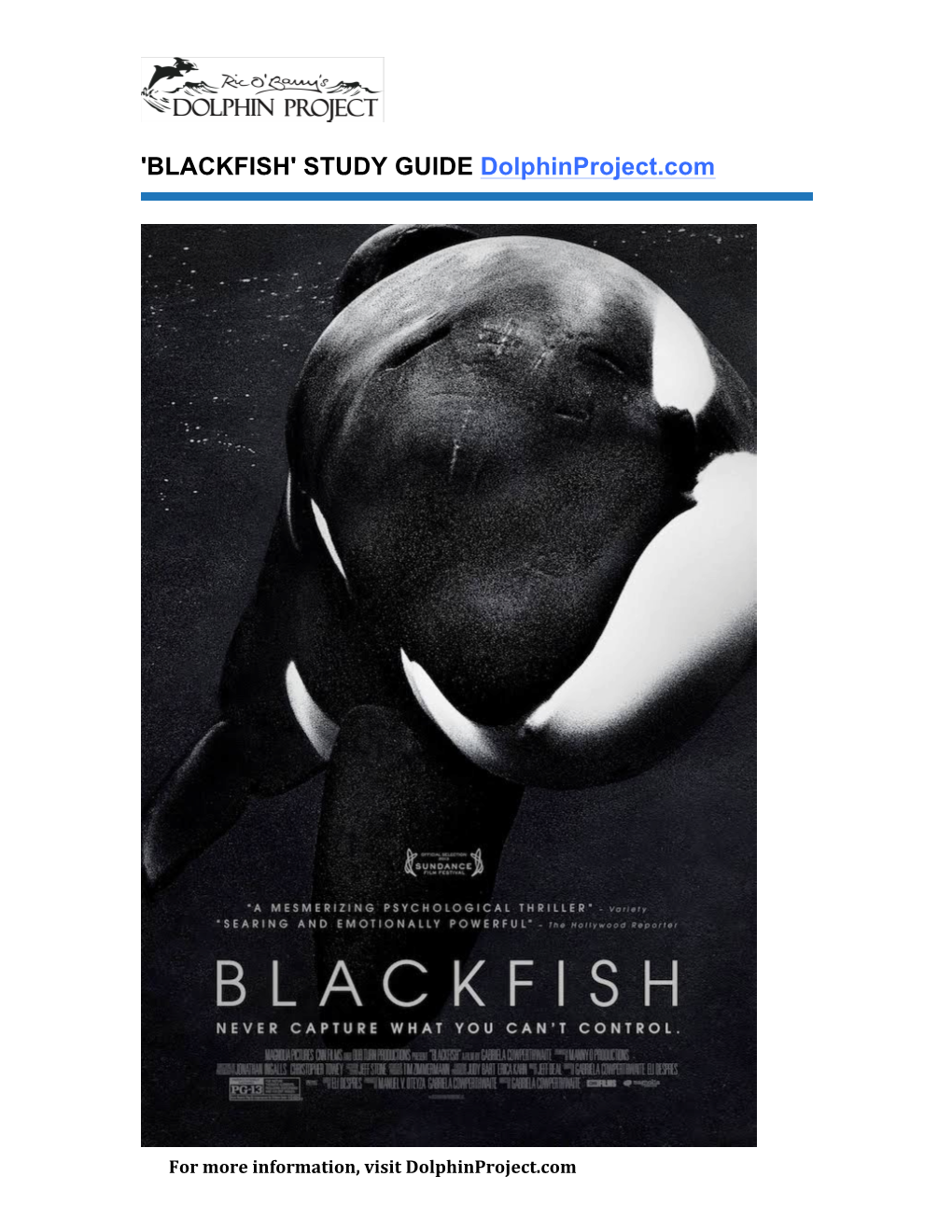 'BLACKFISH' STUDY GUIDE Dolphinproject.Com