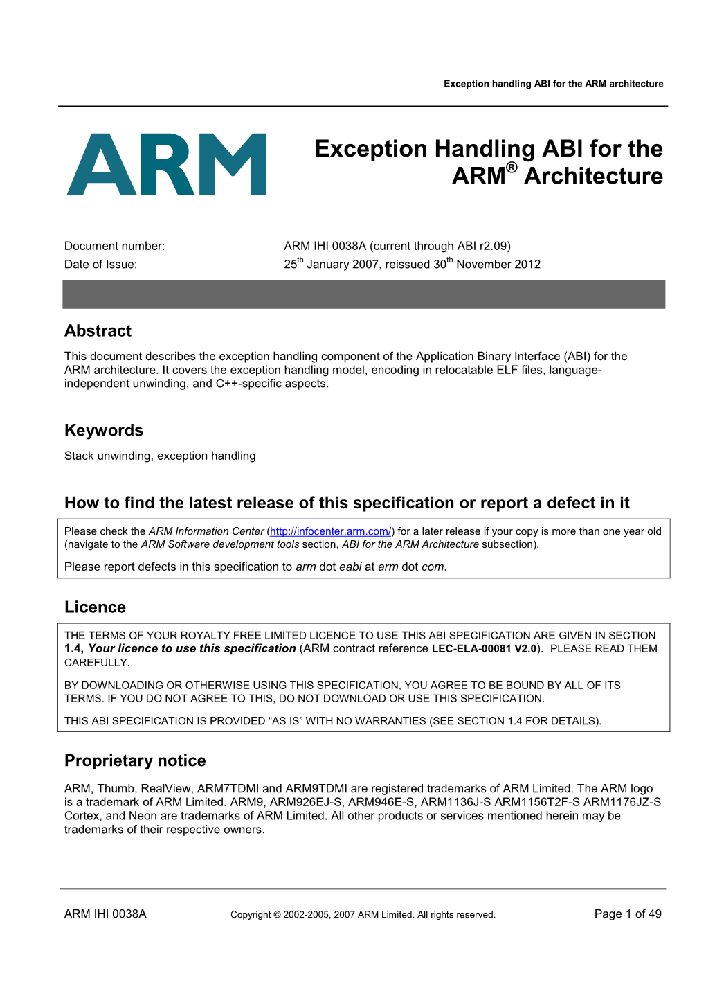 Exception Handling ABI for the ARM Architecture