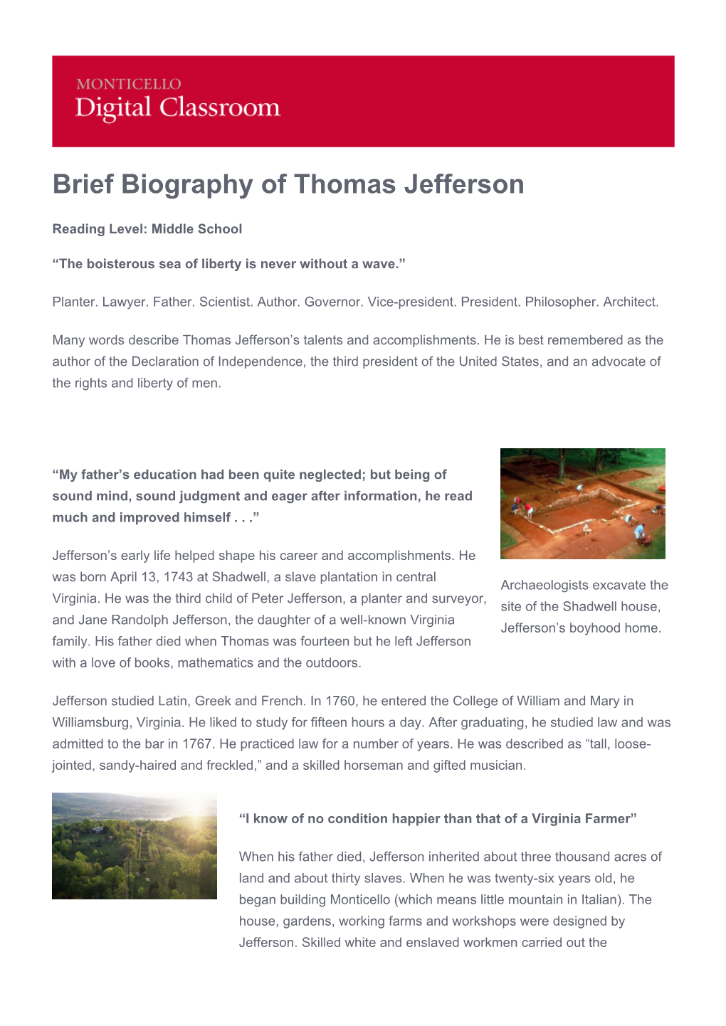 Brief Biography of Thomas Jefferson