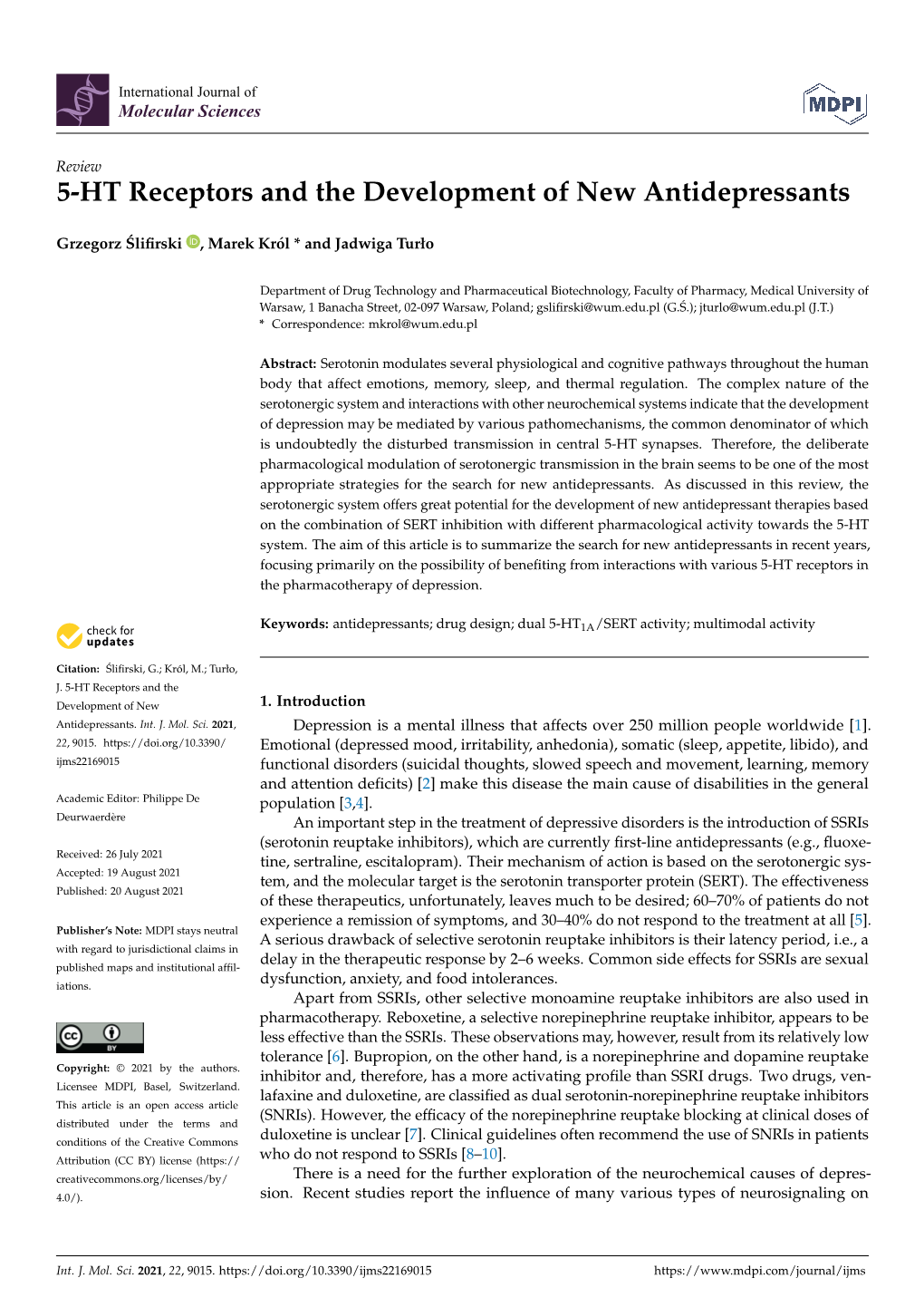 5-HT Receptors and the Development of New Antidepressants