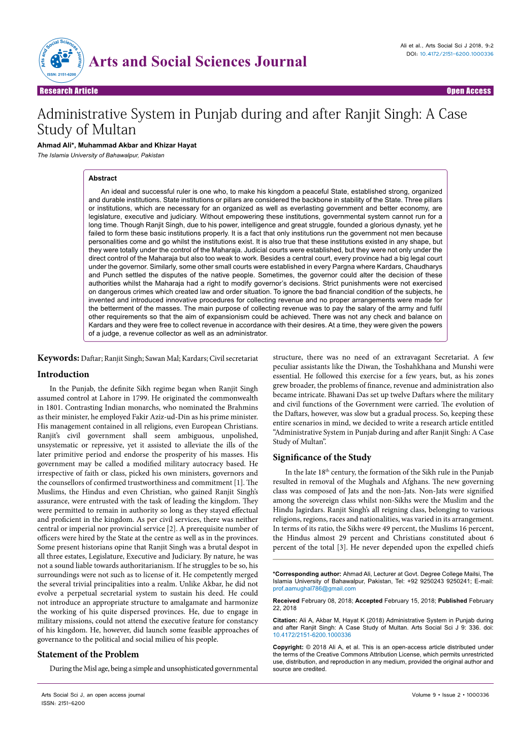 Administrative System in Punjab During and After Ranjit Singh: A