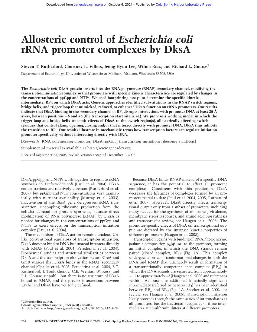 Allosteric Control of Escherichia Coli Rrna Promoter Complexes by Dksa