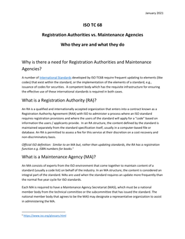 ISO TC 68 Registration Authorities Vs. Maintenance Agencies Who They