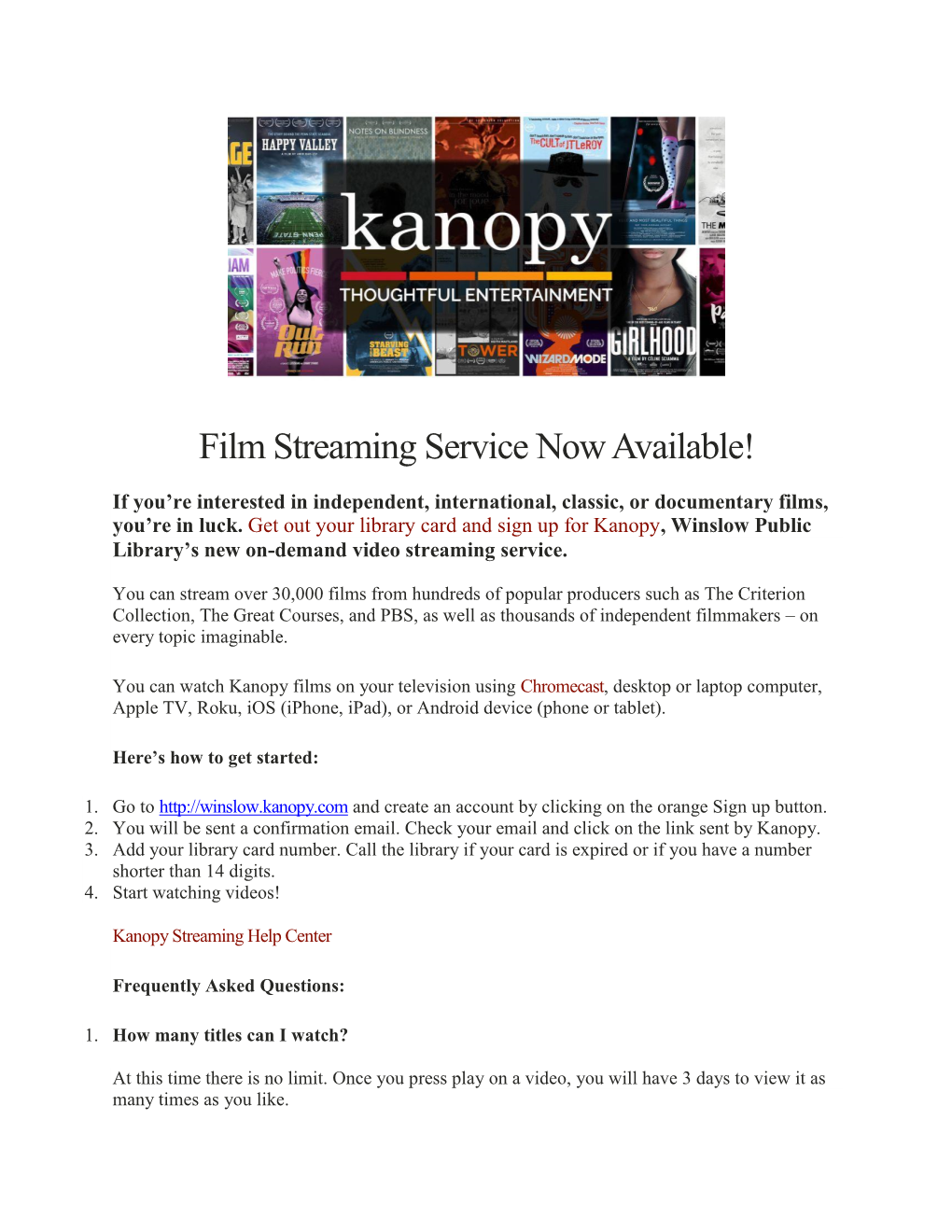 Film Streaming Service Now Available!