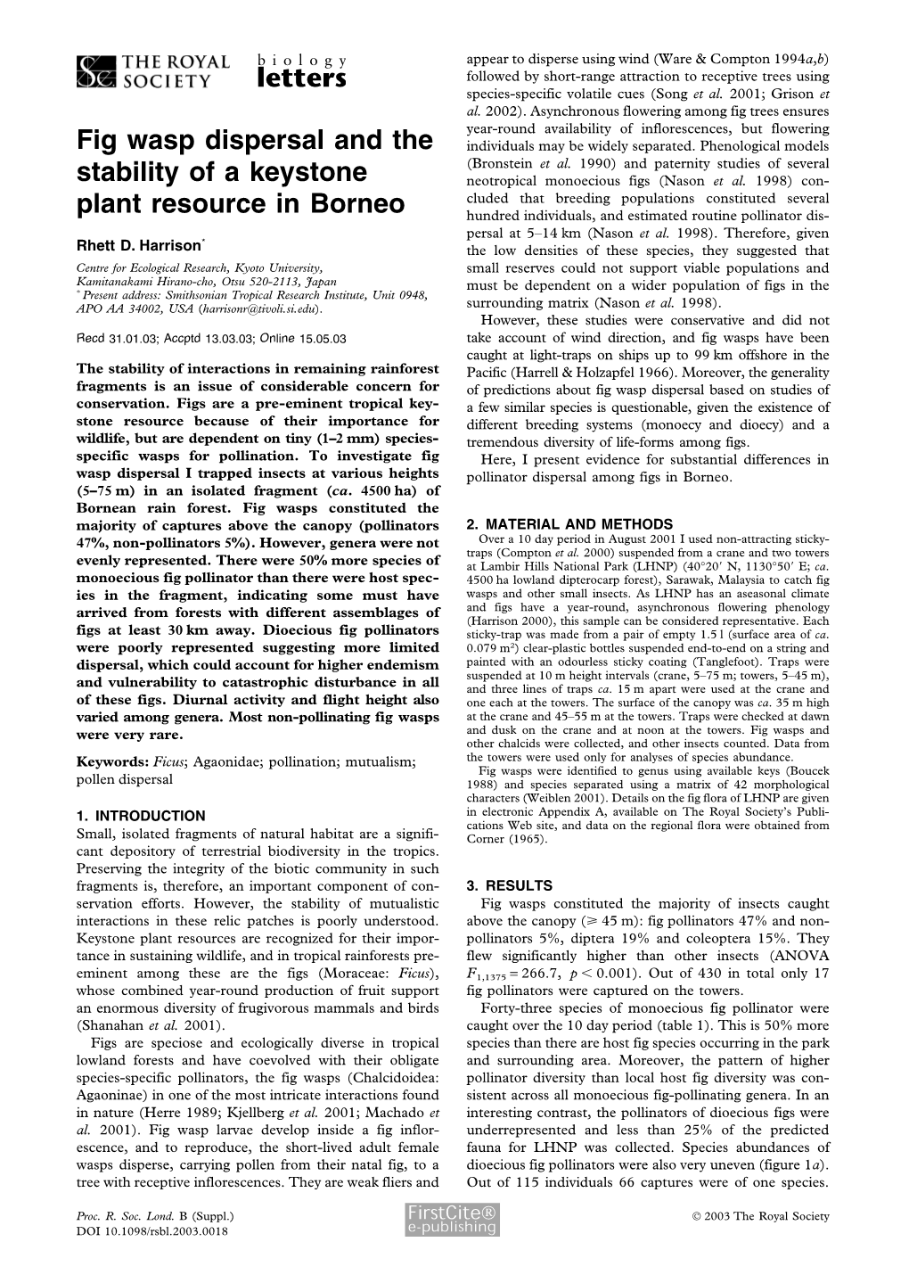 Fig Wasp Dispersal and the Stability of a Keystone Plant Resource in Borneo