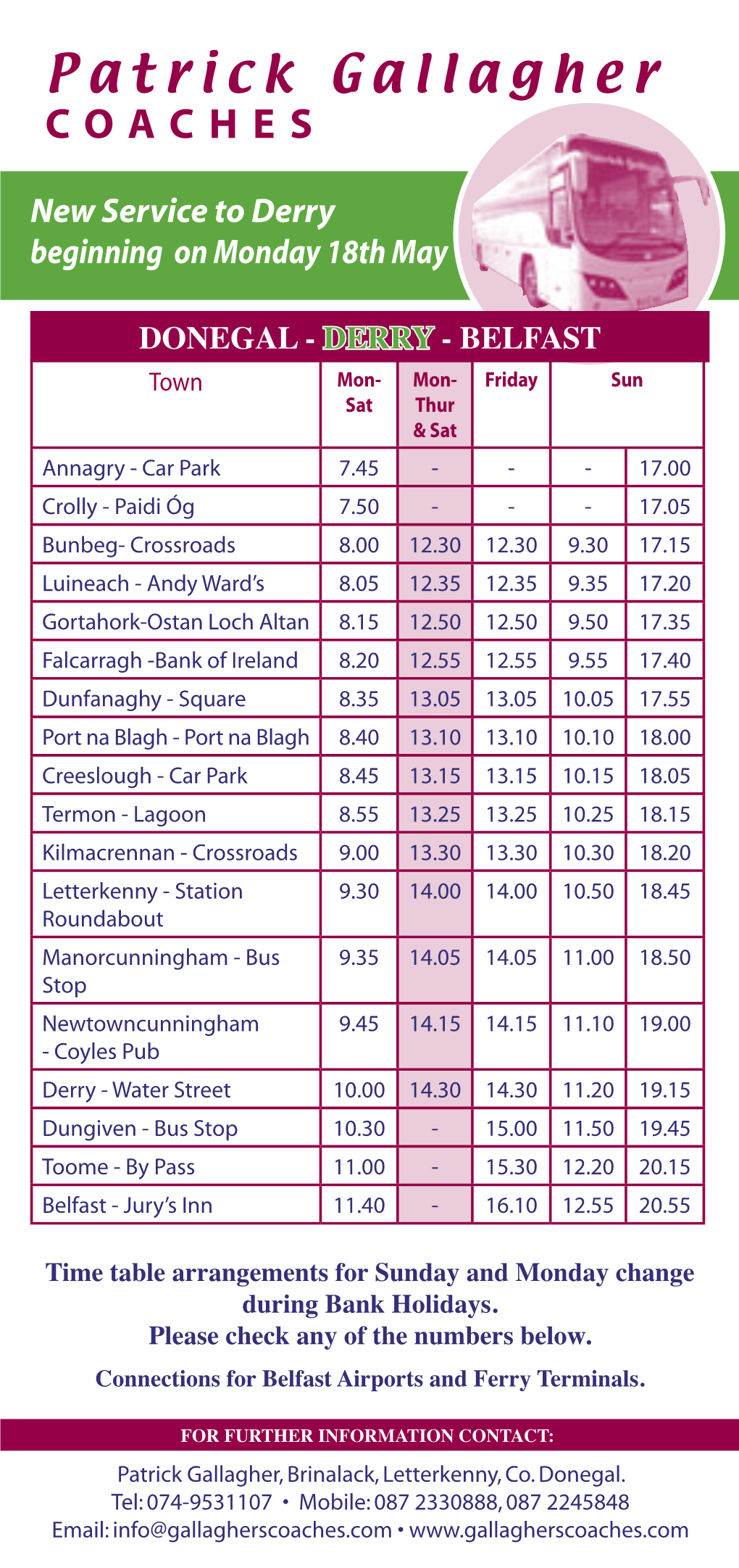 Timetable Donegal Derry Belfast and Return