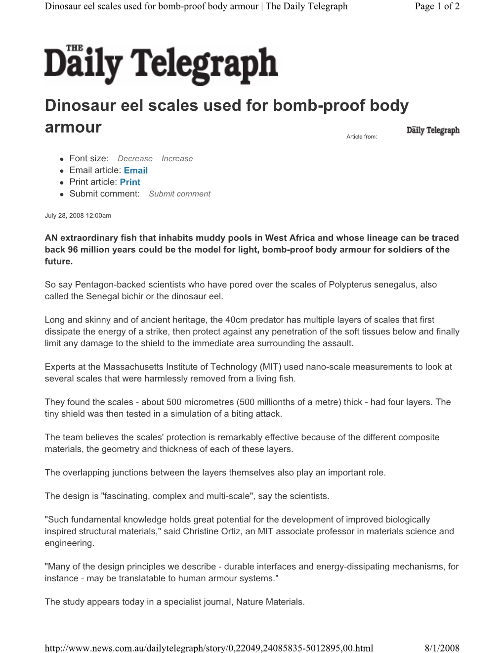 Dinosaur Eel Scales Used for Bomb-Proof Body Armour | the Daily Telegraph Page 1 of 2