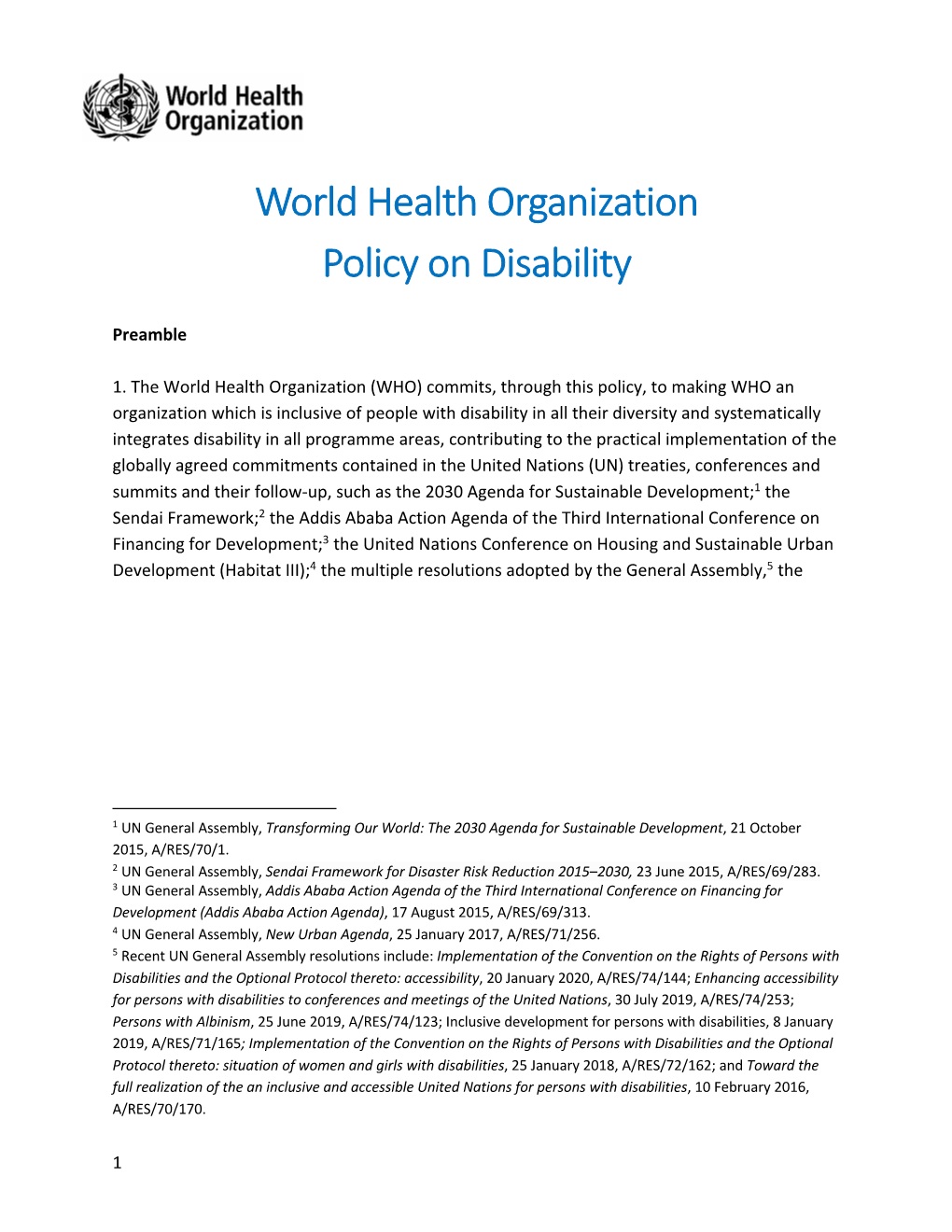 World Health Organization Policy on Disability
