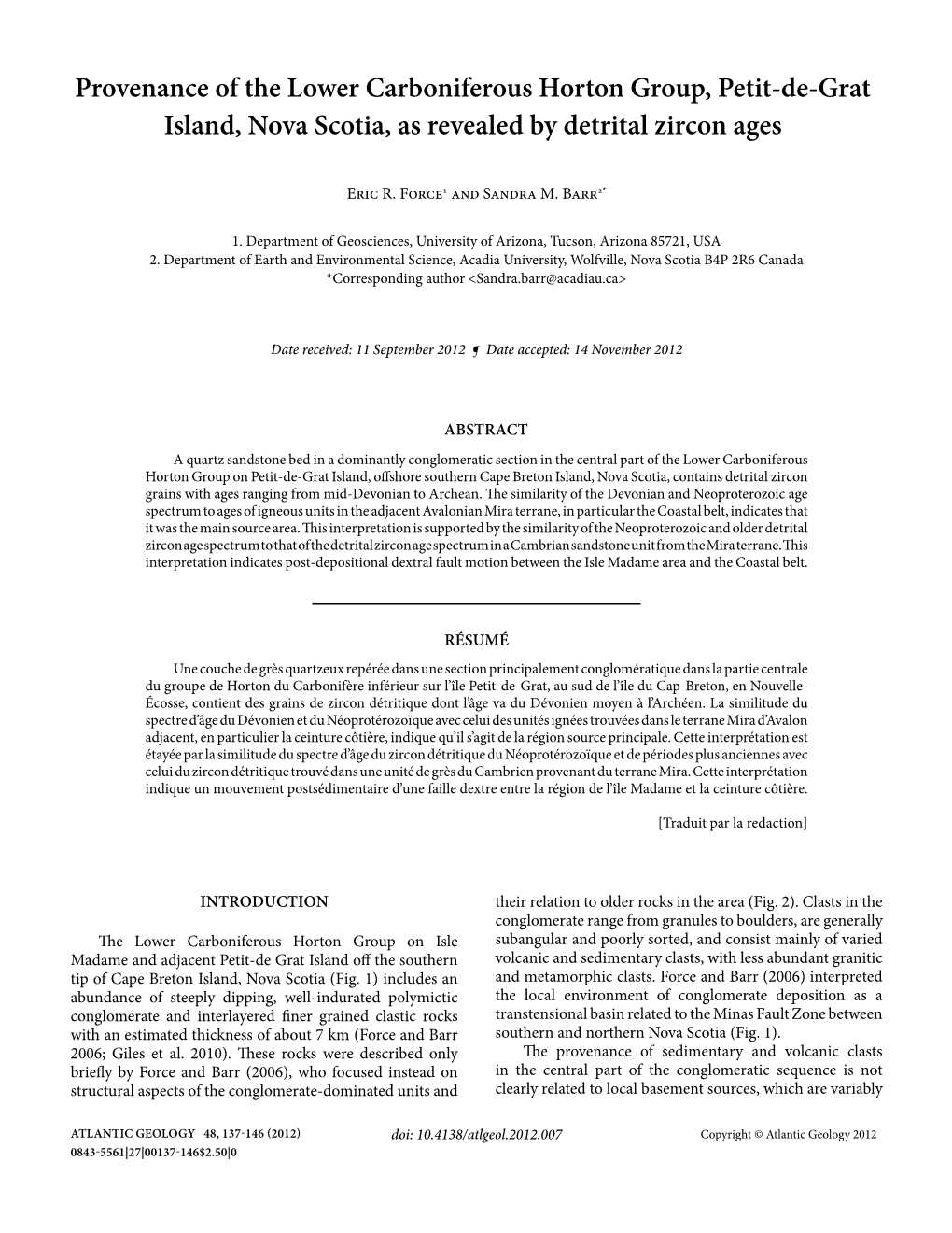 Provenance of the Lower Carboniferous Horton Group, Petit-De-Grat Island, Nova Scotia, As Revealed by Detrital Zircon Ages