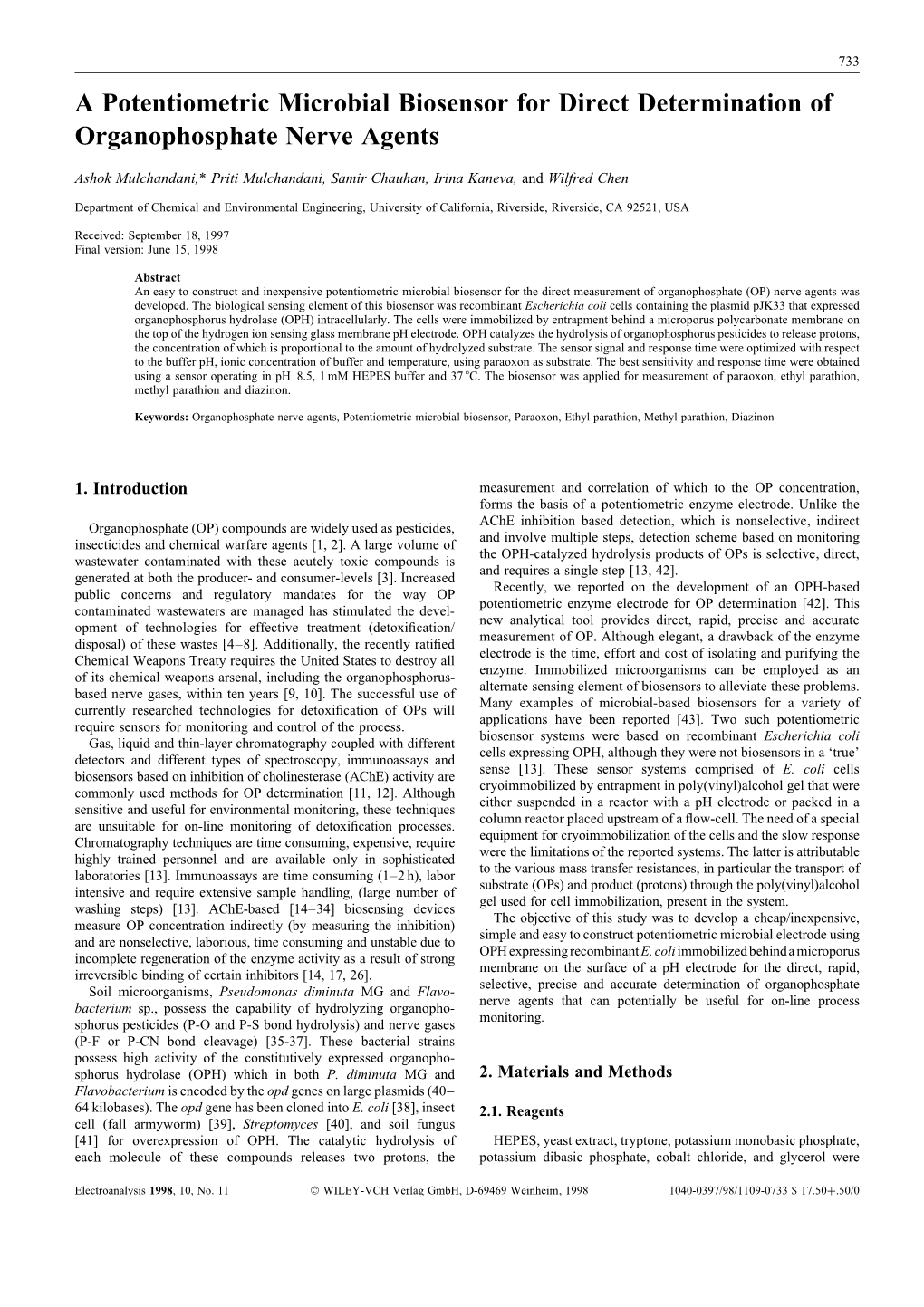 A Potentiometric Microbial Biosensor for Direct Determination of Organophosphate Nerve Agents