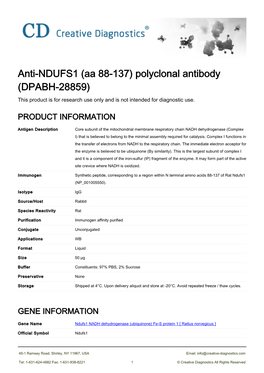 Anti-NDUFS1 (Aa 88-137) Polyclonal Antibody (DPABH-28859) This Product Is for Research Use Only and Is Not Intended for Diagnostic Use