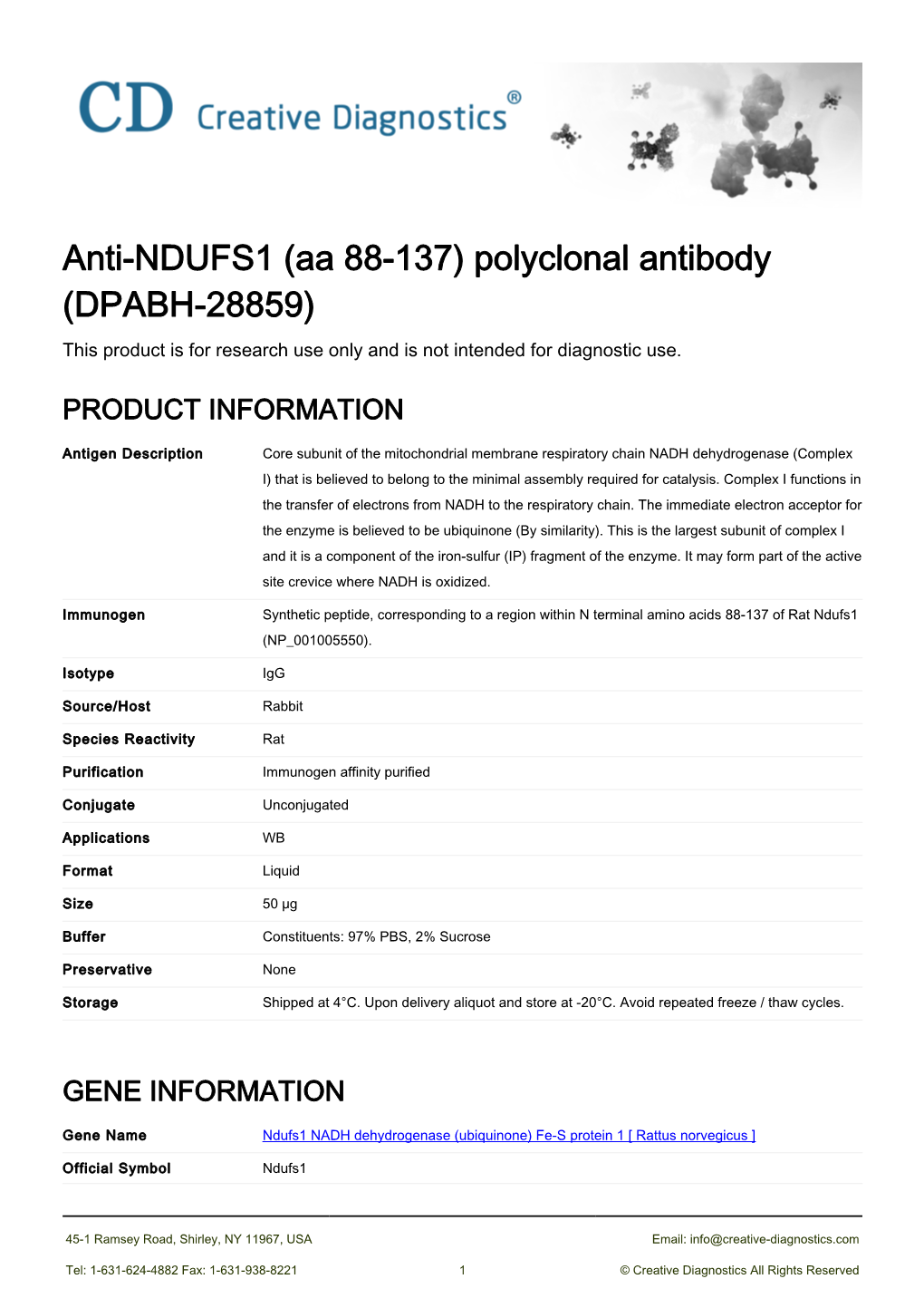 Anti-NDUFS1 (Aa 88-137) Polyclonal Antibody (DPABH-28859) This Product Is for Research Use Only and Is Not Intended for Diagnostic Use