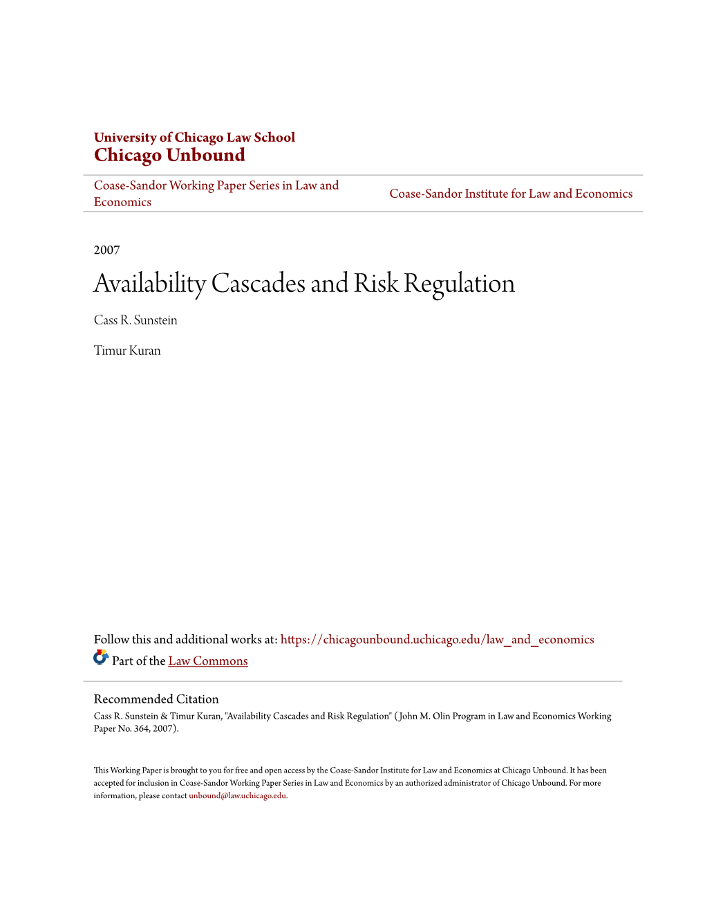 Availability Cascades and Risk Regulation Cass R