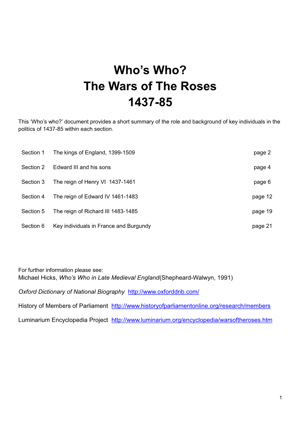 Who's Who? the Wars of the Roses 1437-85