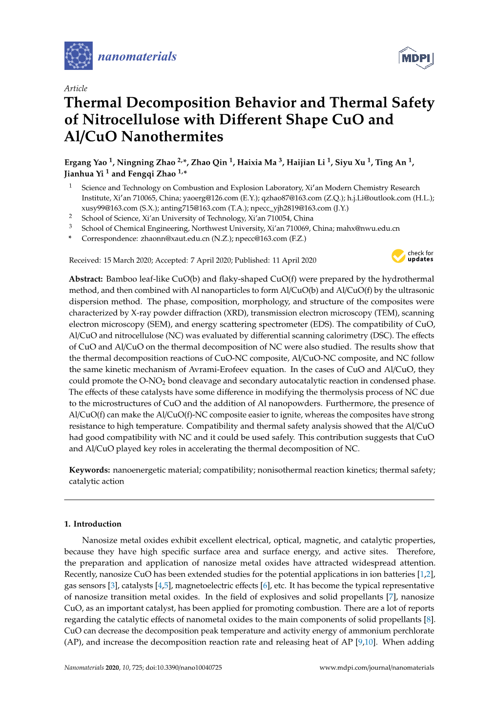 Thermal Decomposition Behavior and Thermal Safety of Nitrocellulose with Different Shape Cuo and Al/Cuo Nanothermites