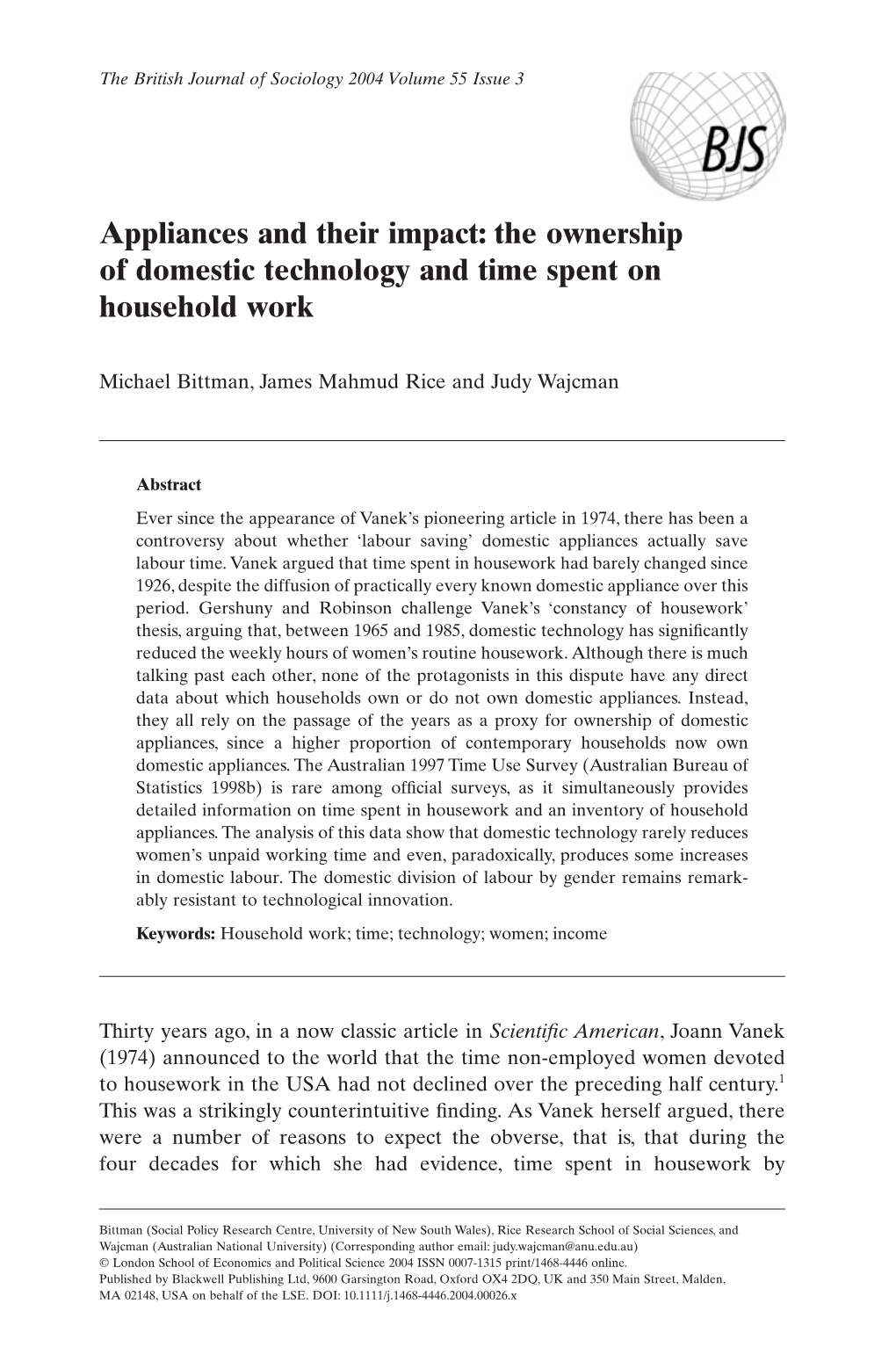 Appliances and Their Impact: the Ownership of Domestic Technology and Time Spent on Household Work