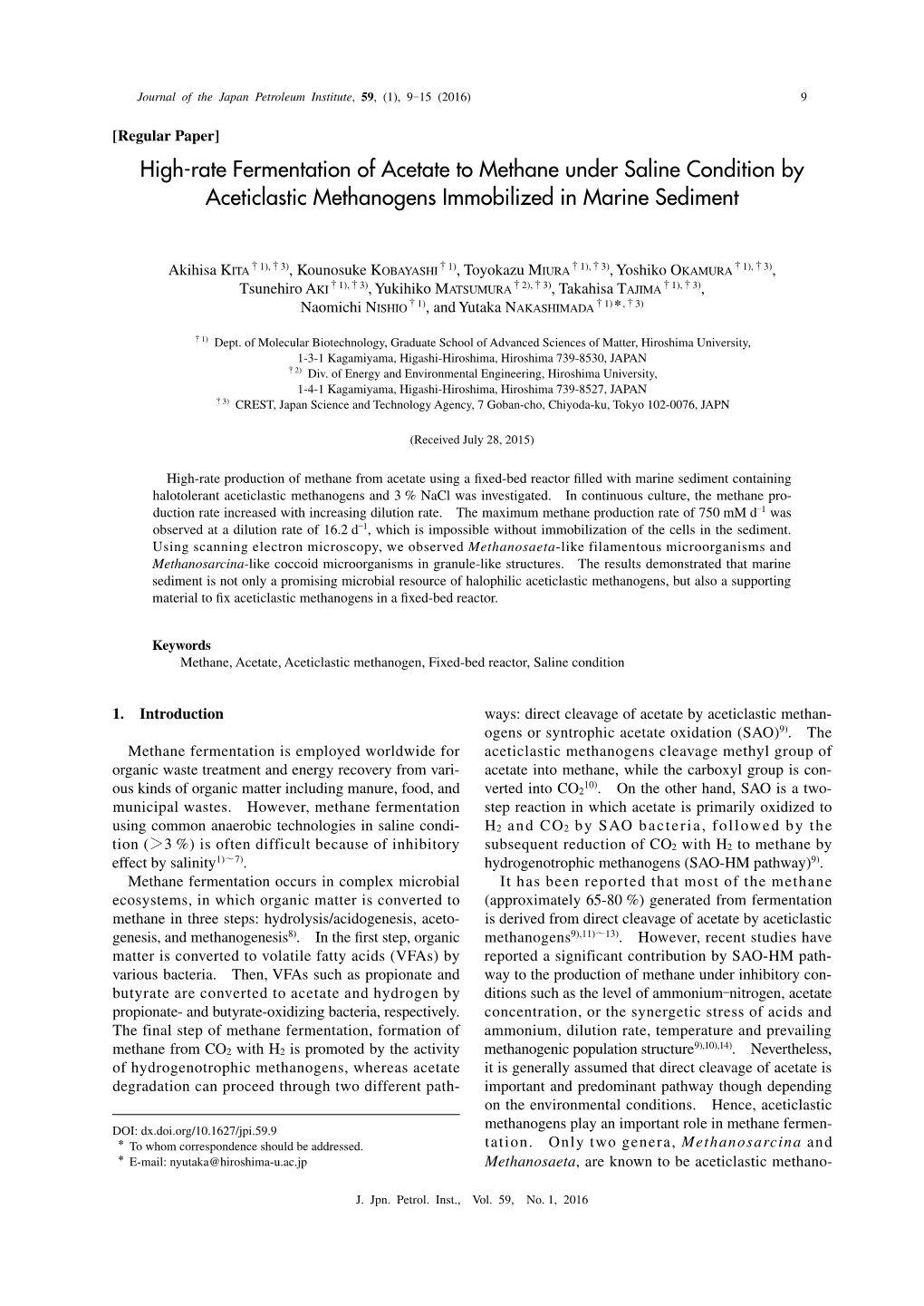 High-Rate Fermentation of Acetate to Methane Under Saline Condition by Aceticlastic Methanogens Immobilized in Marine Sediment