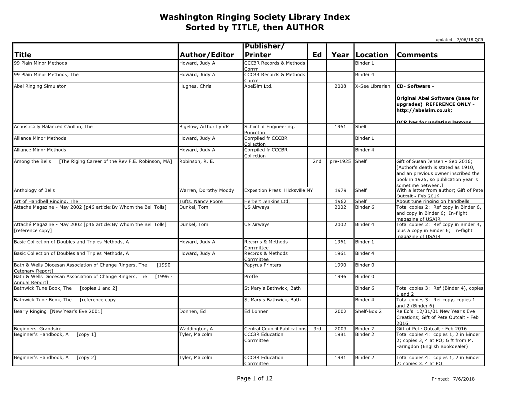 Washington Ringing Society Library Index Sorted by TITLE, Then AUTHOR