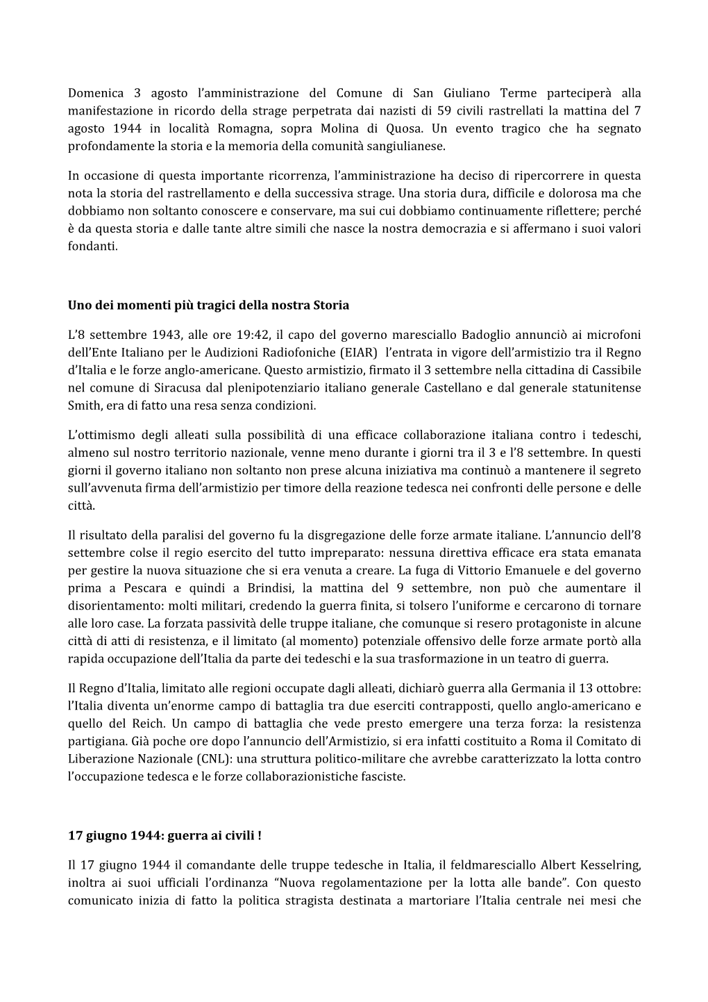 Domenica 3 Agosto L'amministrazione Del Comune Di San Giuliano Terme