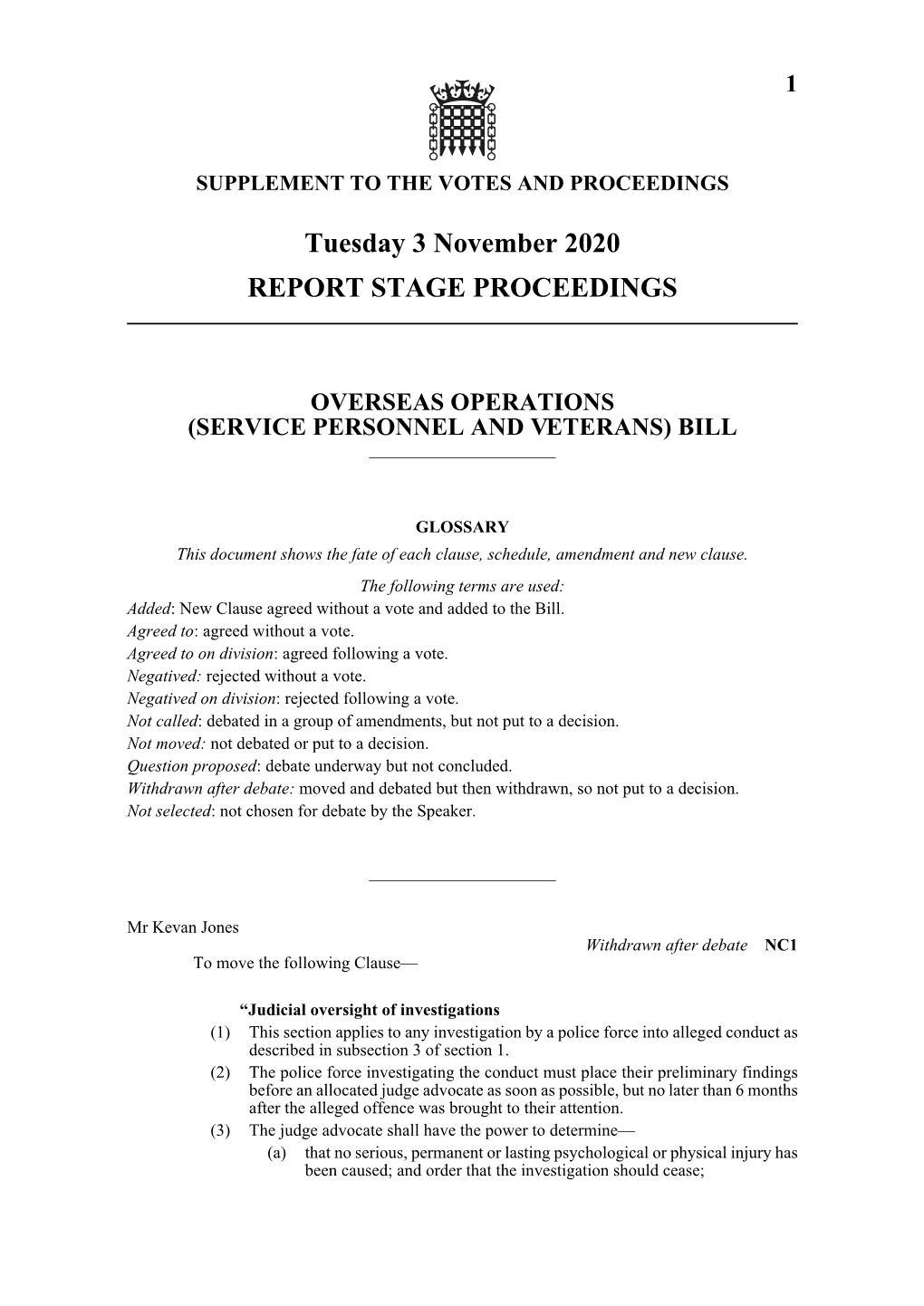 Tuesday 3 November 2020 REPORT STAGE PROCEEDINGS