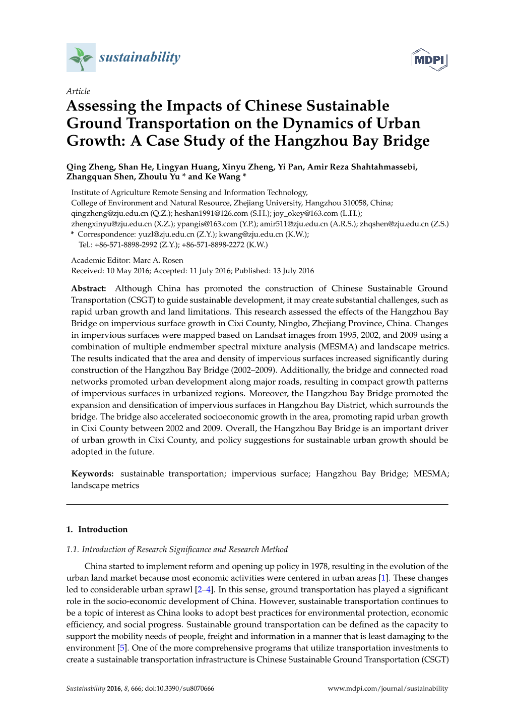 Assessing the Impacts of Chinese Sustainable Ground Transportation on the Dynamics of Urban Growth: a Case Study of the Hangzhou Bay Bridge