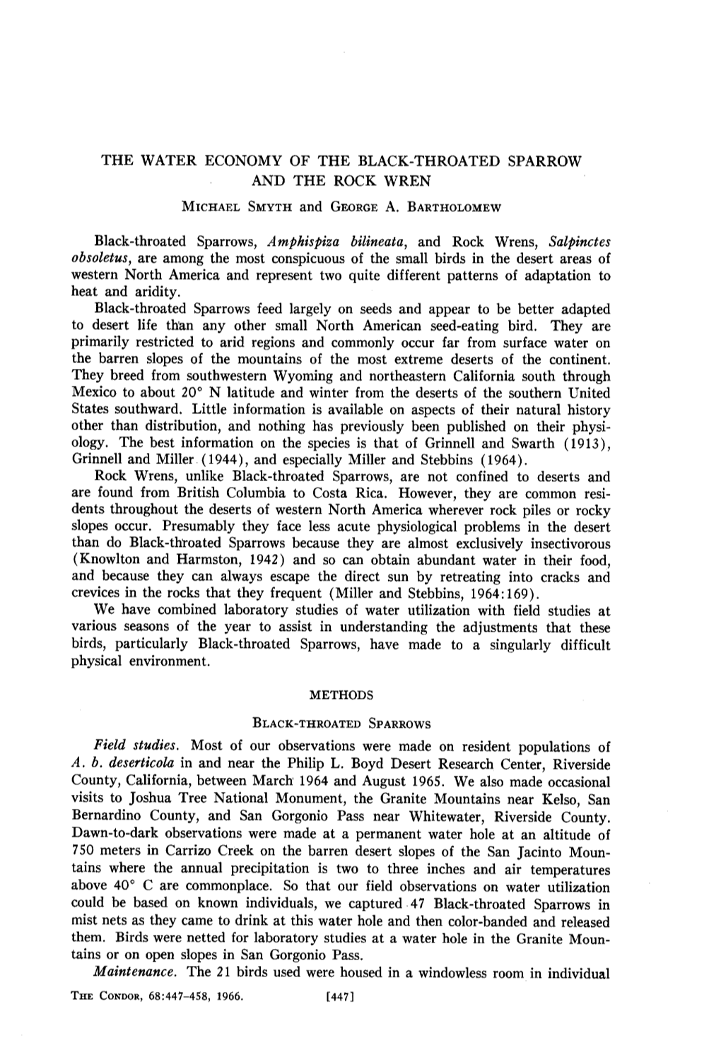 THE WATER ECONOMY of the BLACK-THROATED SPARROW and the ROCK WREN MICHAEL SMYTH and GEORGEA