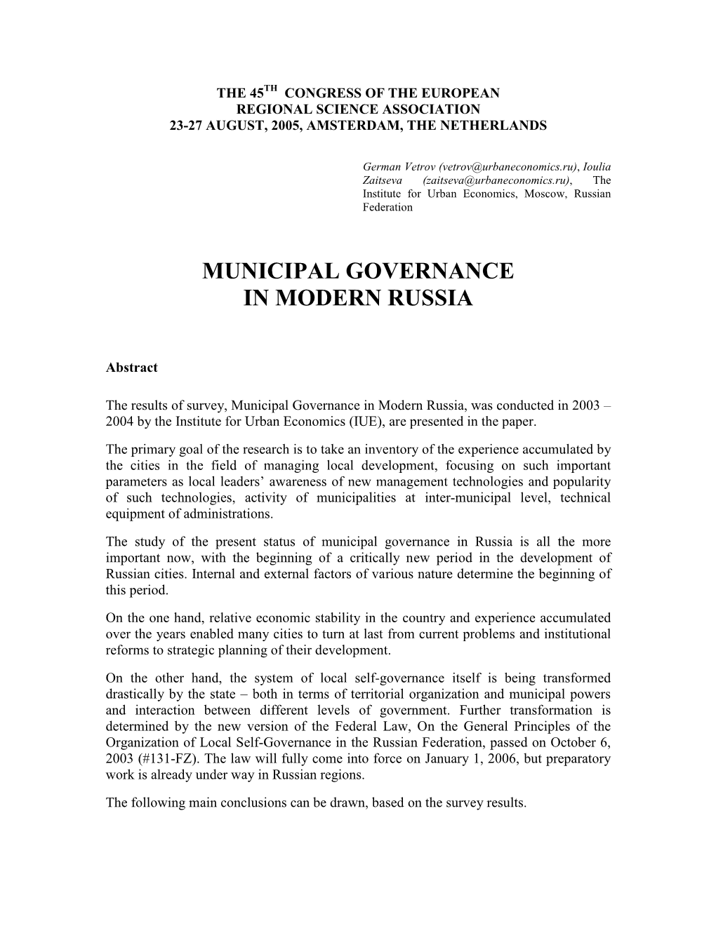 Municipal Governance in Modern Russia