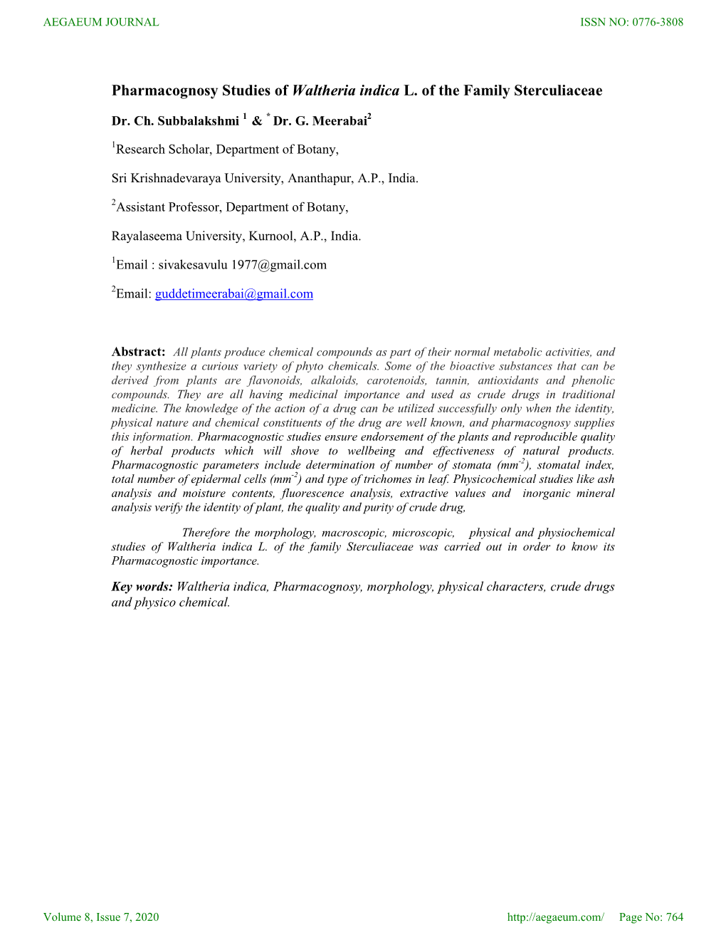 Pharmacognosy Studies of Waltheria Indica L. of the Family Sterculiaceae