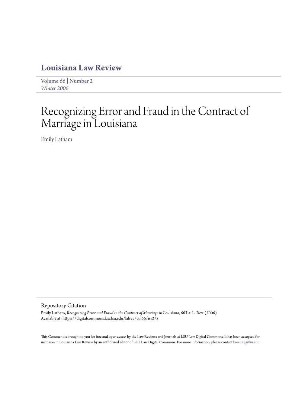 Recognizing Error and Fraud in the Contract of Marriage in Louisiana Emily Latham