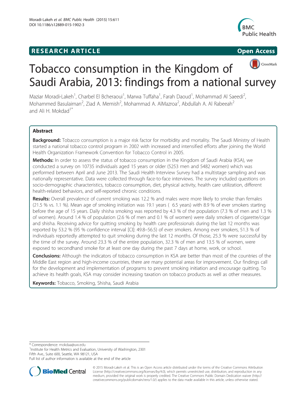 Tobacco Consumption in the Kingdom of Saudi Arabia, 2013