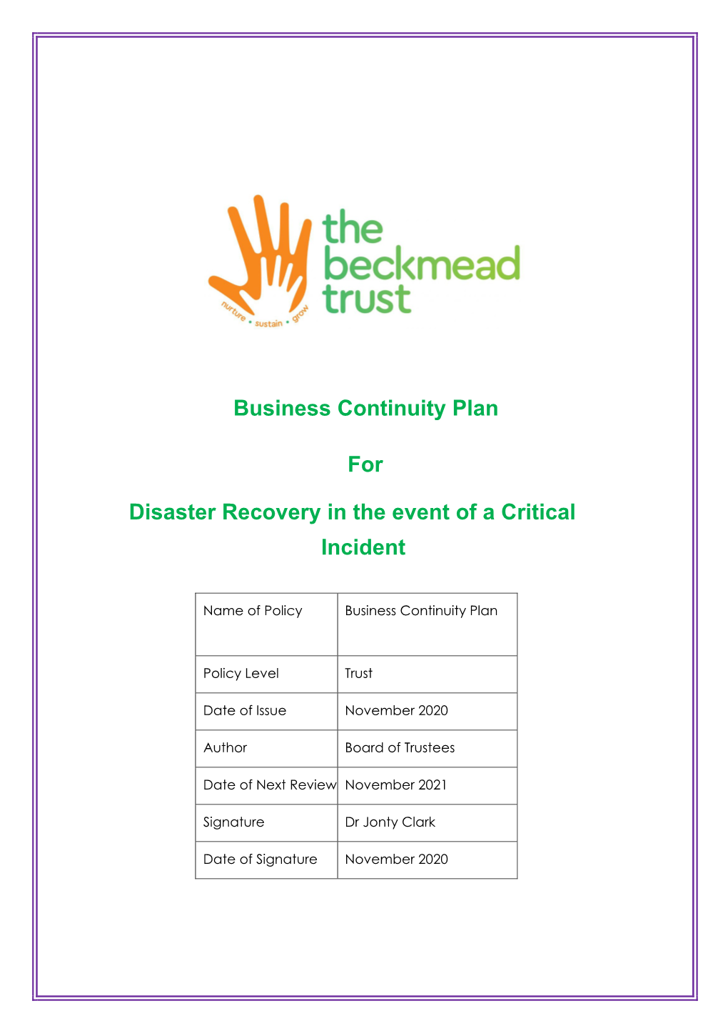 Business Continuity Plan for Disaster Recovery in the Event of A