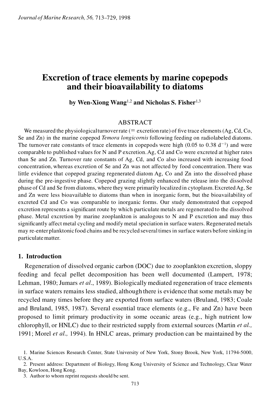 Excretion of Trace Elements by Marine Copepods and Their Bioavailability