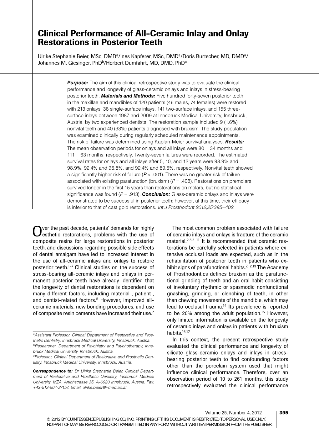 Clinical Performance of All-Ceramic Inlay and Onlay Restorations in Posterior Teeth