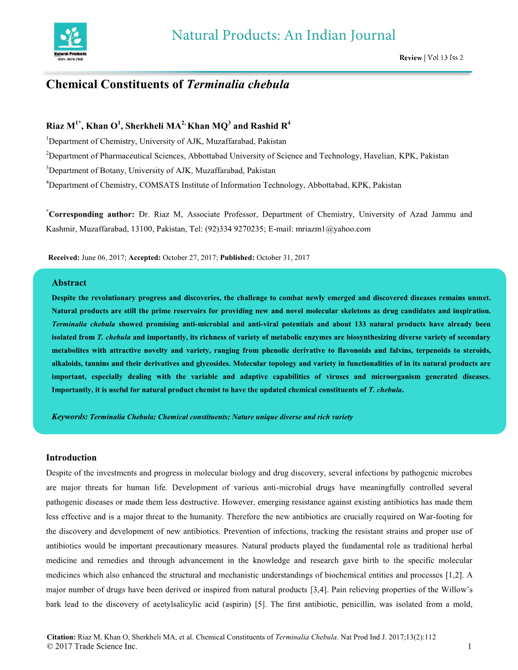 Chemical Constituents of Terminalia Chebula