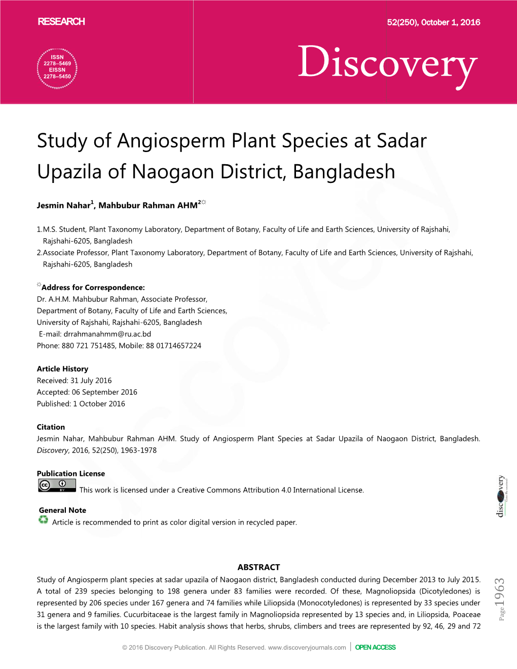 Study of Angiosperm Plant Sp Upazila of Naogaon District, B Of