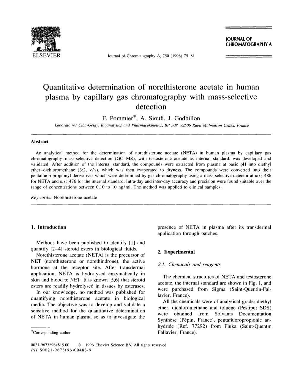 Quantitative Determination of Norethisterone Acetate in Human Plasma by Capillary Gas Chromatography with Mass-Selective Detection