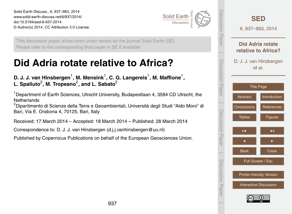 Did Adria Rotate Relative to Africa? Et Al