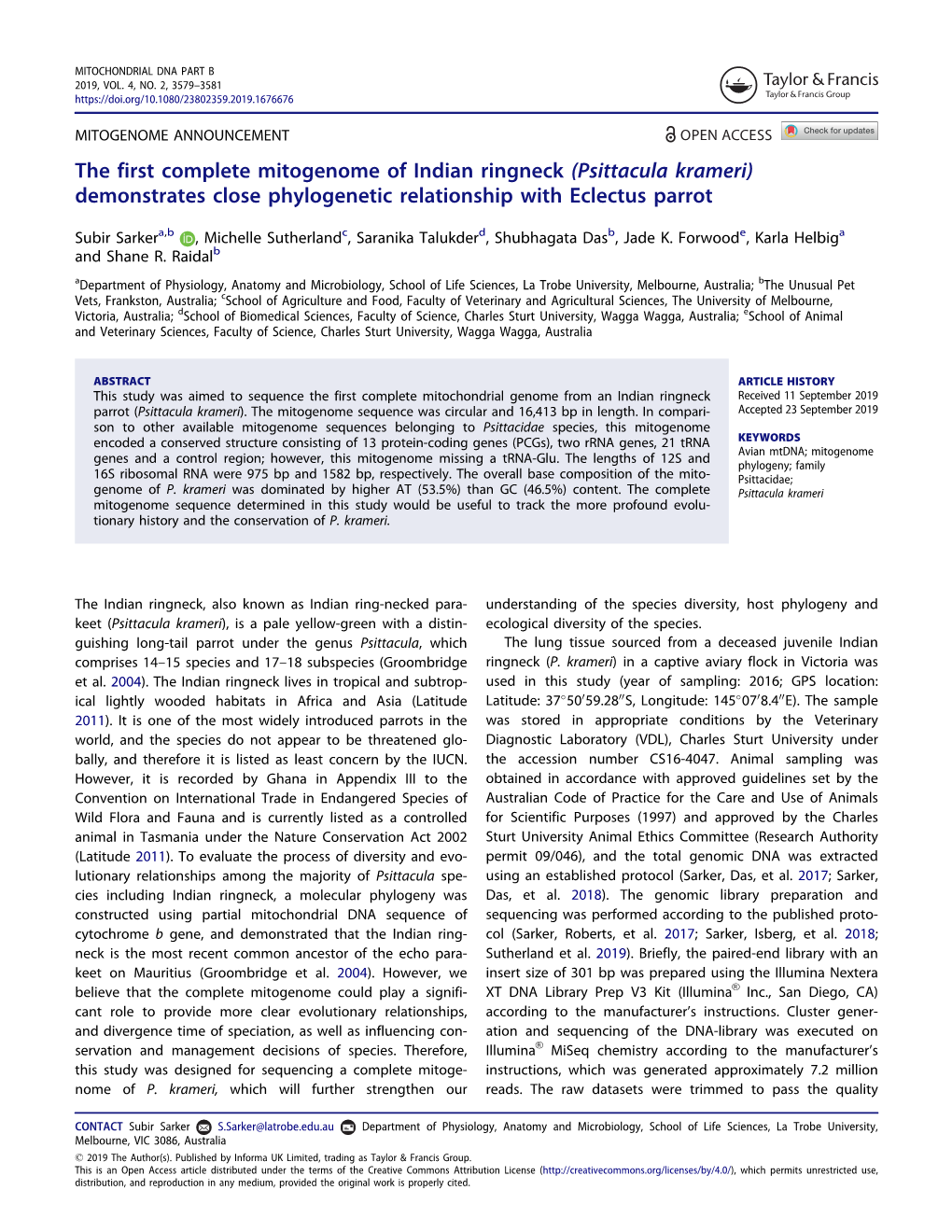 Psittacula Krameri) Demonstrates Close Phylogenetic Relationship with Eclectus Parrot