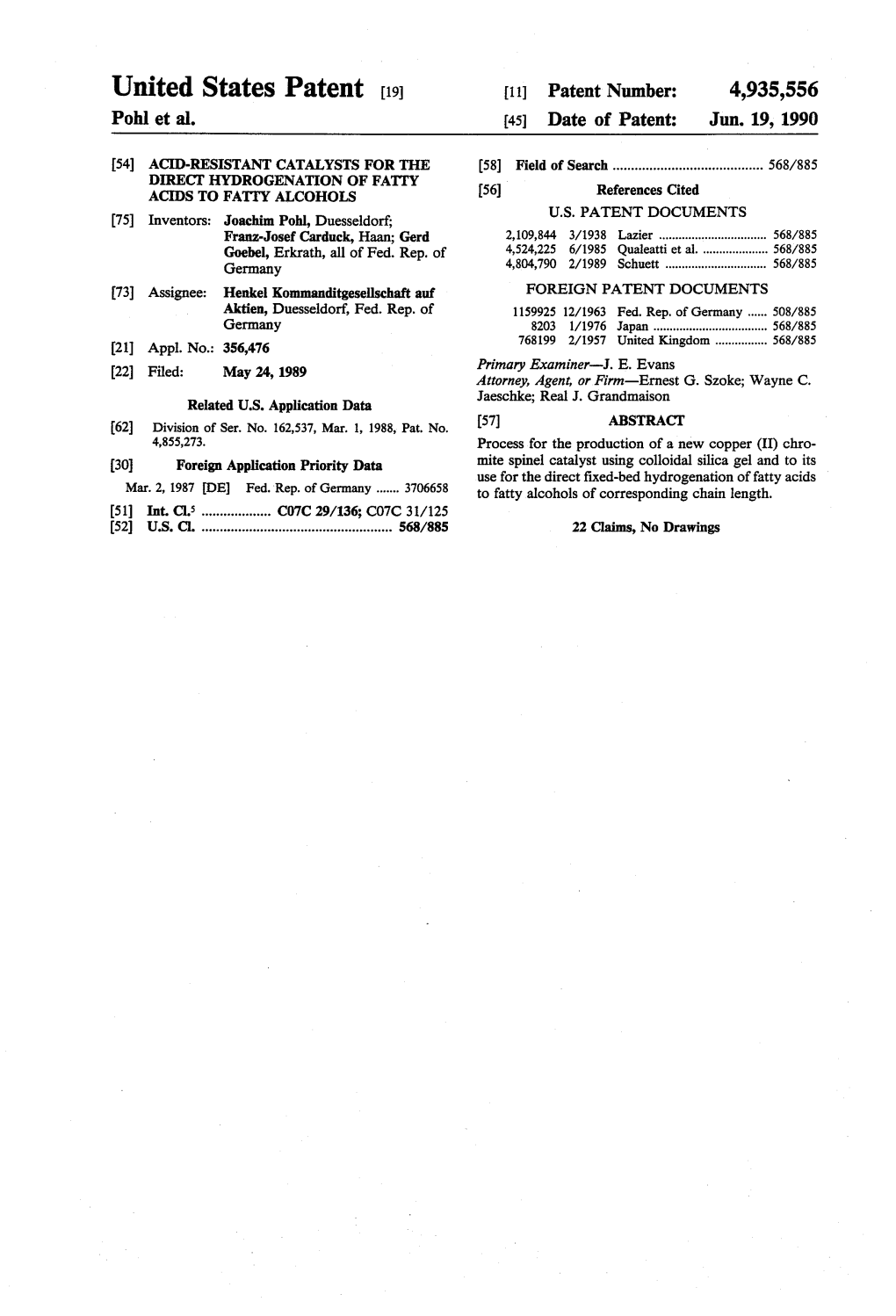 United States Patent (19) 11 Patent Number: 4,935,556 Pohl Et Al
