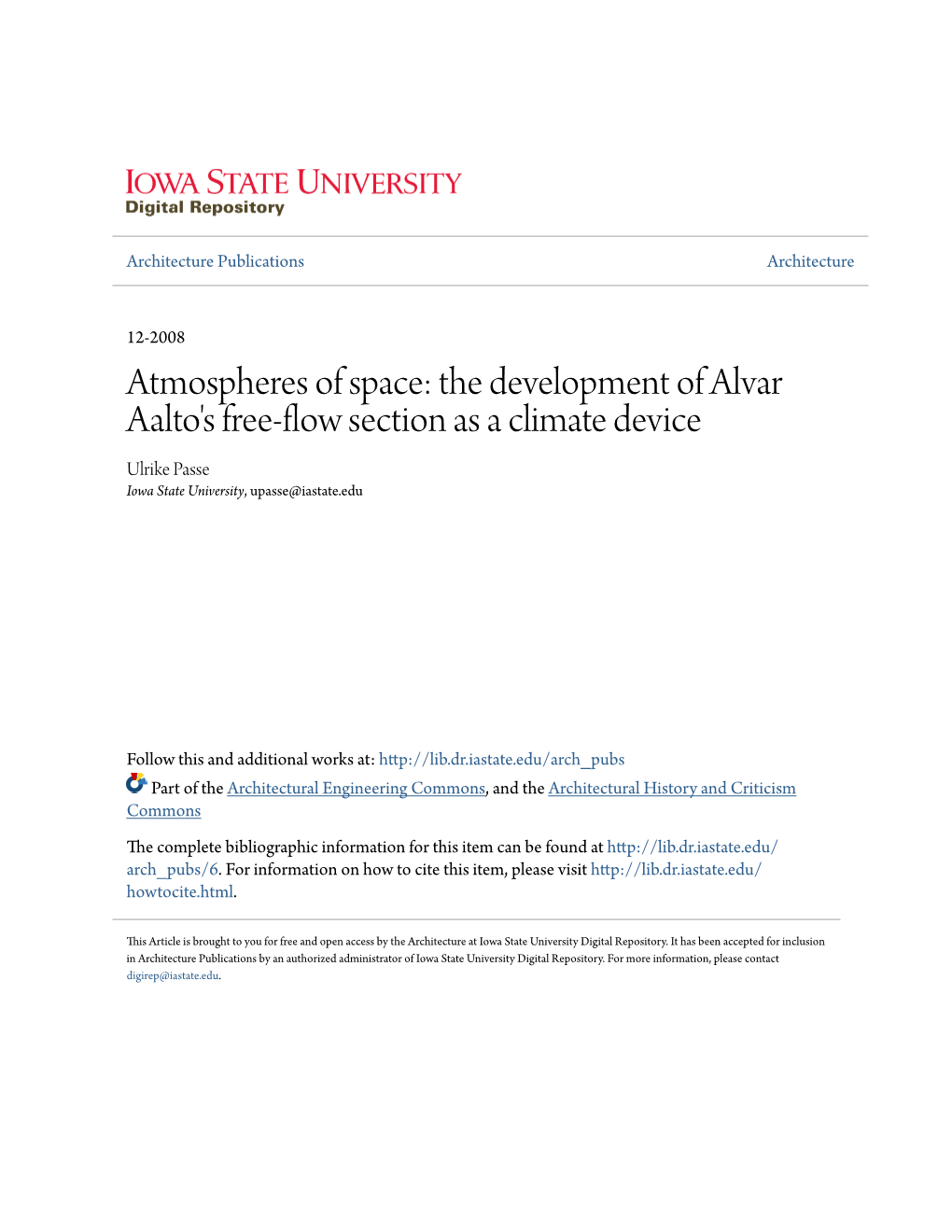 The Development of Alvar Aalto's Free-Flow Section As a Climate Device Ulrike Passe Iowa State University, Upasse@Iastate.Edu