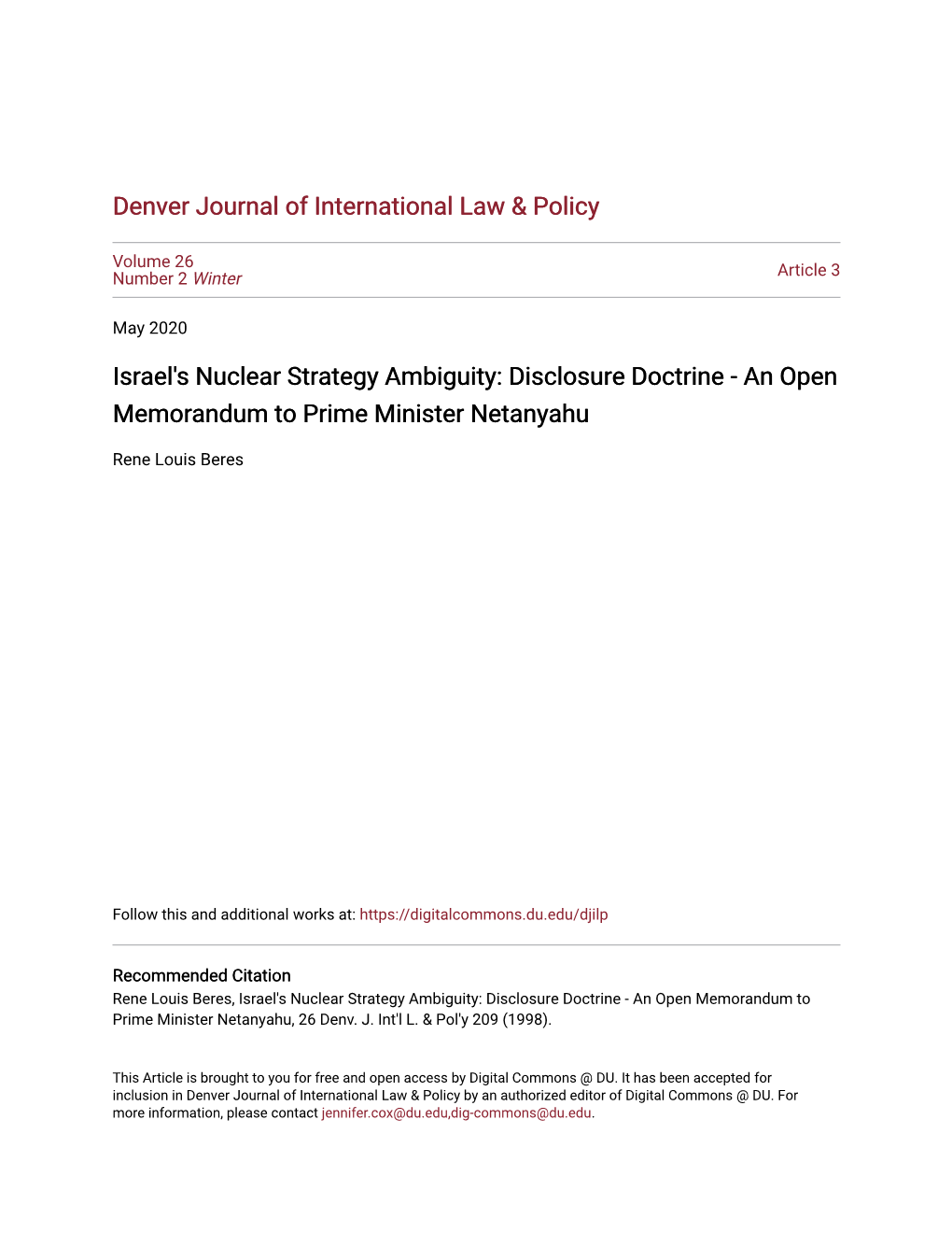 Israel's Nuclear Strategy Ambiguity: Disclosure Doctrine - an Open Memorandum to Prime Minister Netanyahu