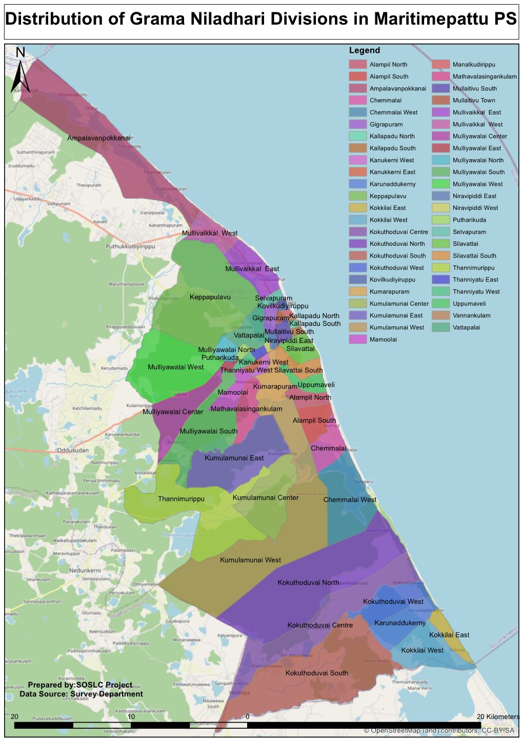 Distribution of Grama Niladhari Divisions in Maritimepattu PS