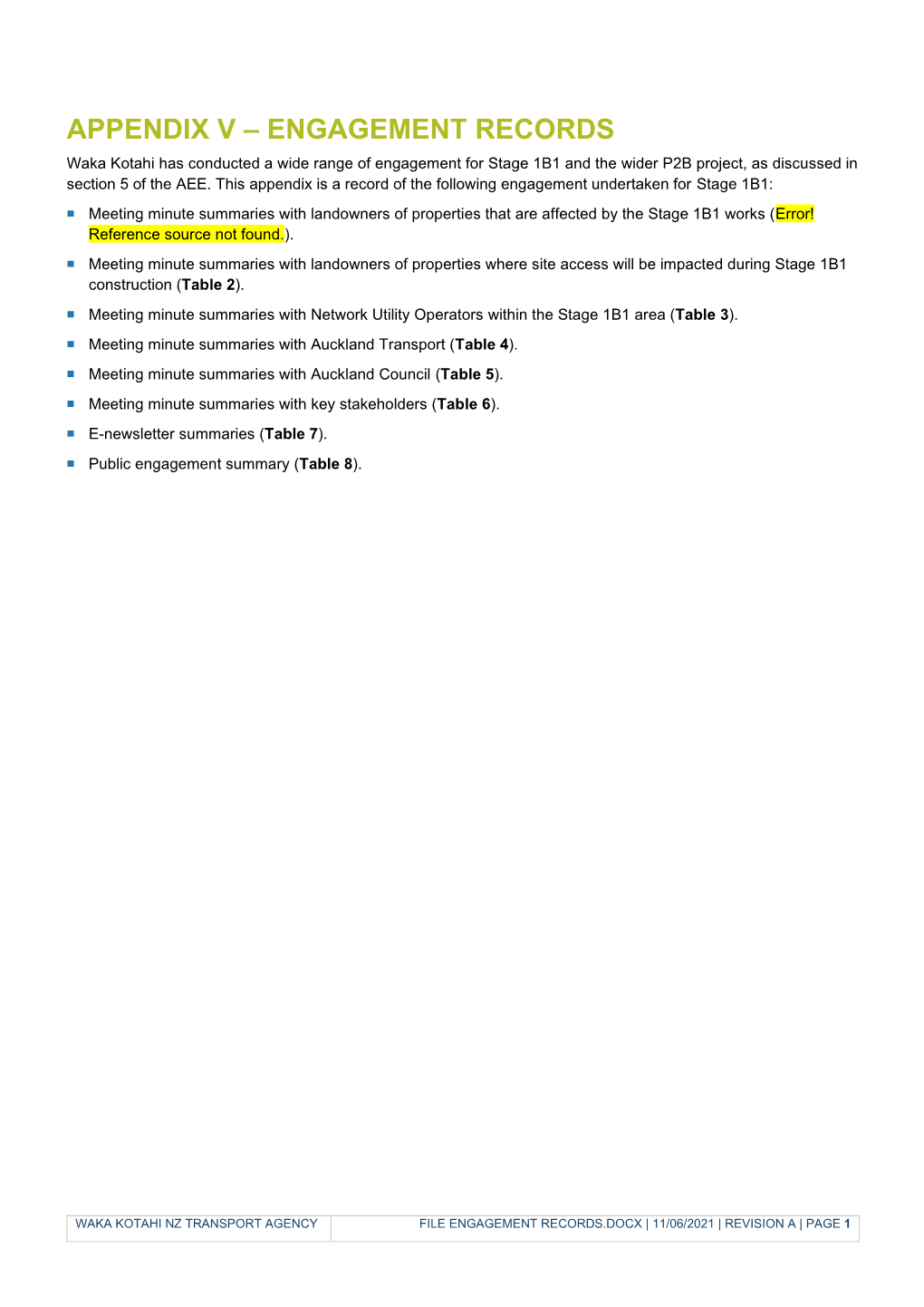 APPENDIX V – ENGAGEMENT RECORDS Waka Kotahi Has Conducted a Wide Range of Engagement for Stage 1B1 and the Wider P2B Project, As Discussed in Section 5 of the AEE