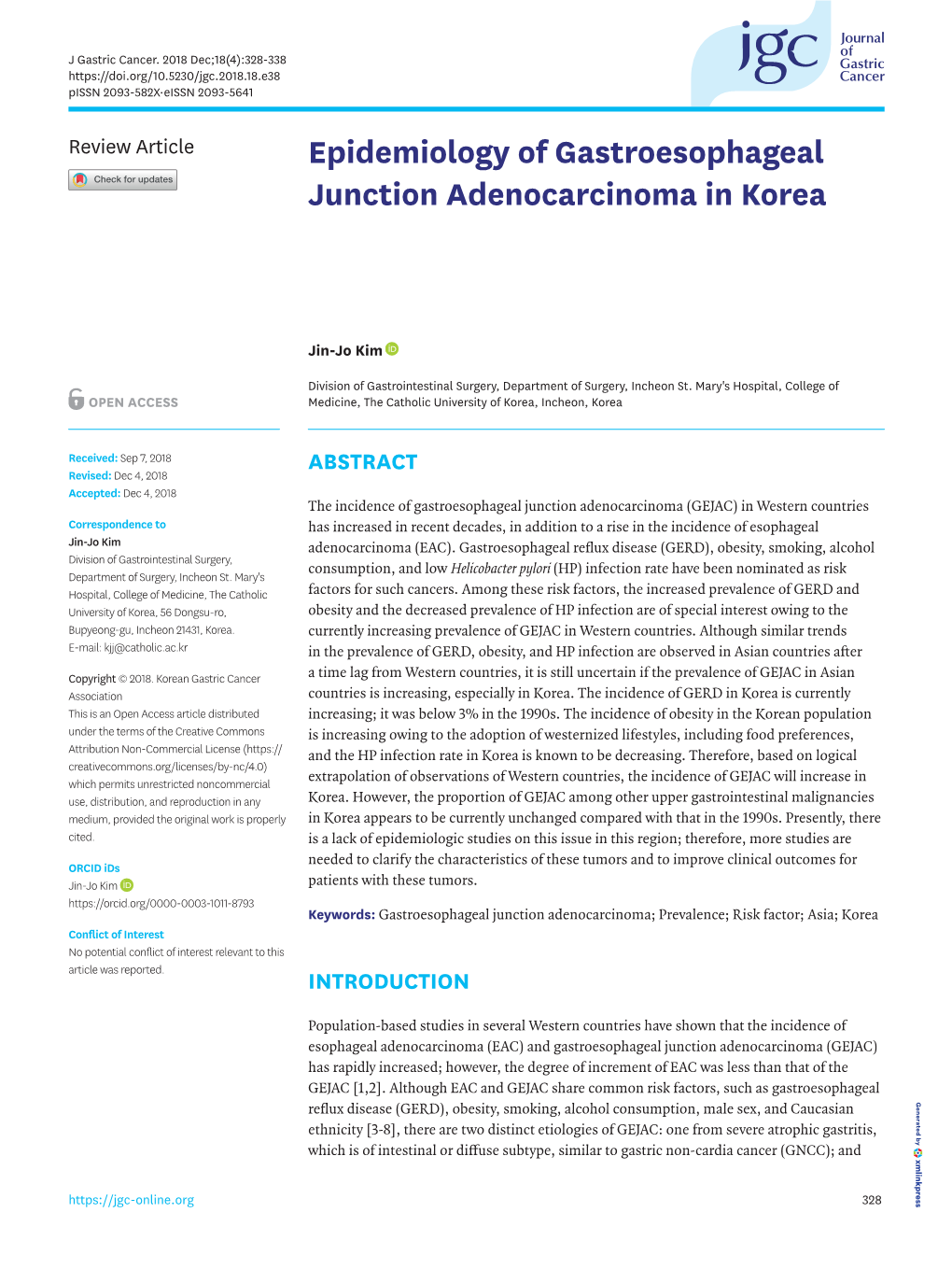 Epidemiology of Gastroesophageal Junction Adenocarcinoma in Korea