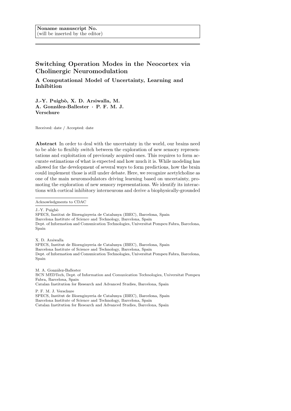 Switching Operation Modes in the Neocortex Via Cholinergic Neuromodulation a Computational Model of Uncertainty, Learning and Inhibition