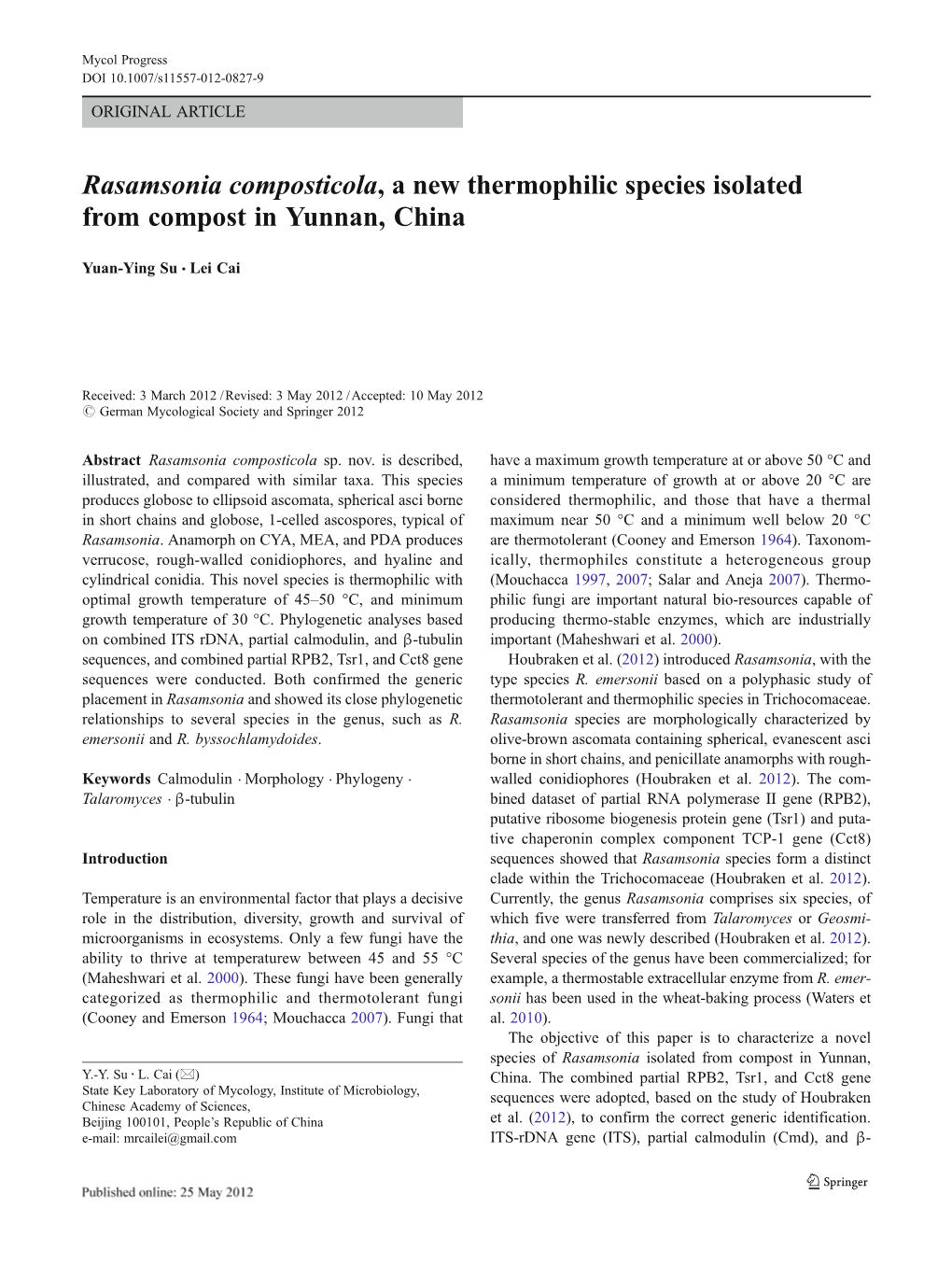 Rasamsonia Composticola, a New Thermophilic Species Isolated from Compost in Yunnan, China