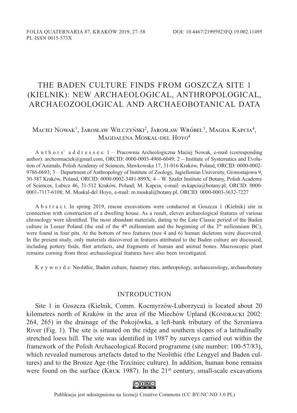 The Baden Culture Finds from Goszcza Site 1 (Kielnik): New Archaeological, Anthropological, Archaeozoological and Archaeobotanical Data