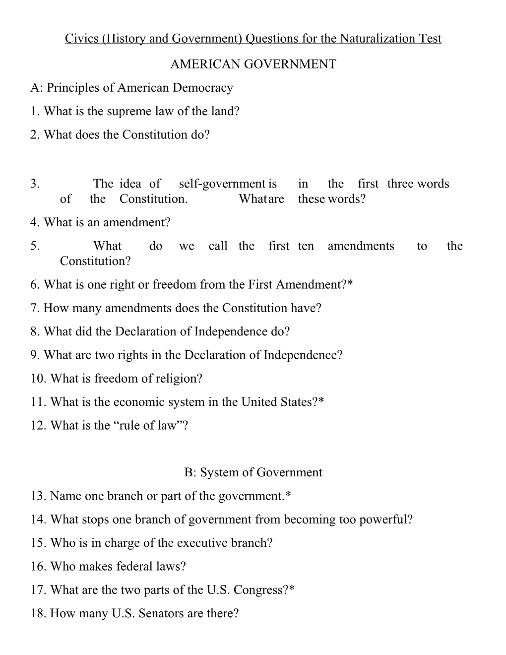 Civics (History and Government) Questions for the Naturalization Test